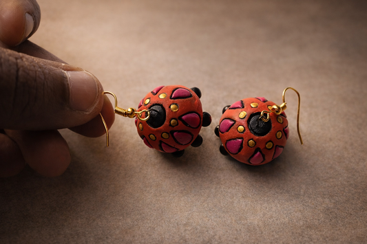Handcrafted Terracotta Red & Pink Jhumka Earrings