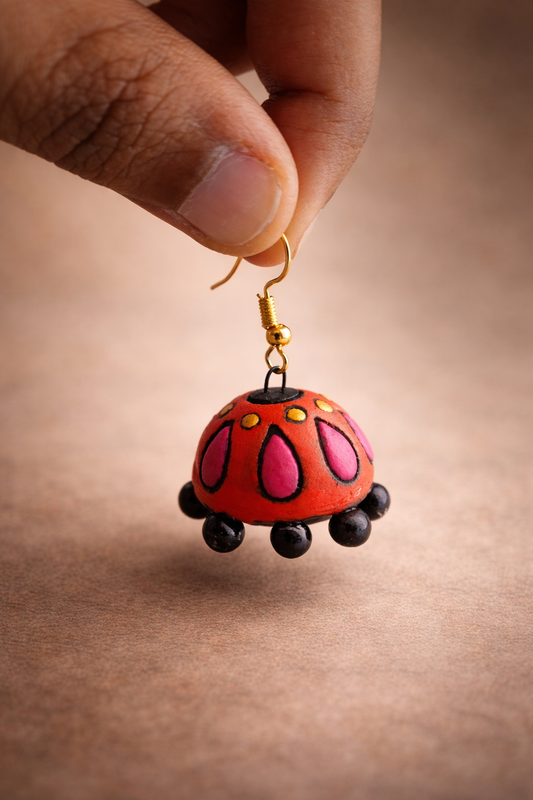 Handcrafted Terracotta Red & Pink Jhumka Earrings
